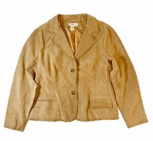 Coldwater Creek Suede Leather Blazer Jacket Womens Sz L Tan Scalloped Boho
